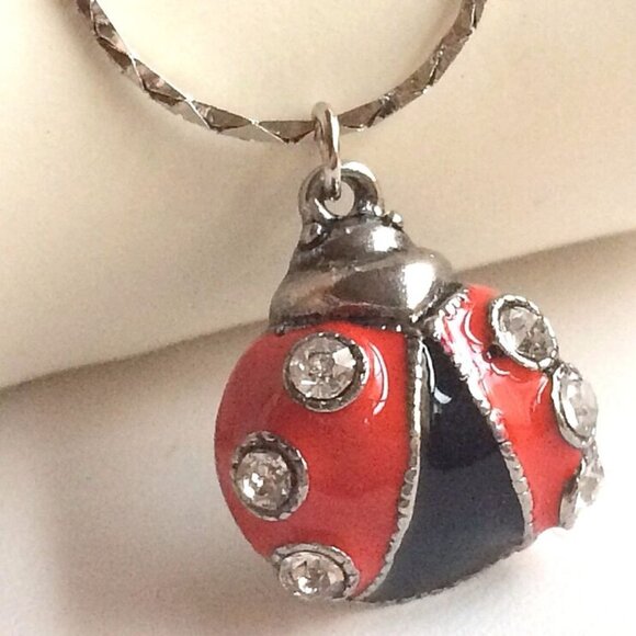 Ladybug Necklace Charm Pendant Red Enamel Crystal Silver Plated Insect 20" Chain - Picture 11 of 12